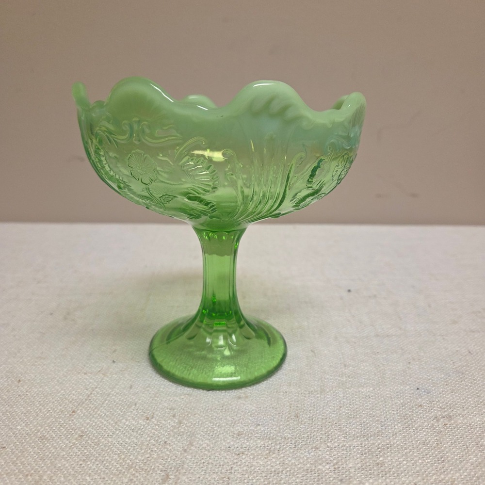 Northwood Green Opalescent Glass Compote Ruffled Floral Candy Dish Pedestal Bowl - Picture 4 of 6